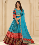 Blue Muslin Cotton Navratri Chaniya Choli with Real Mirror Work & Printed Dupatta
