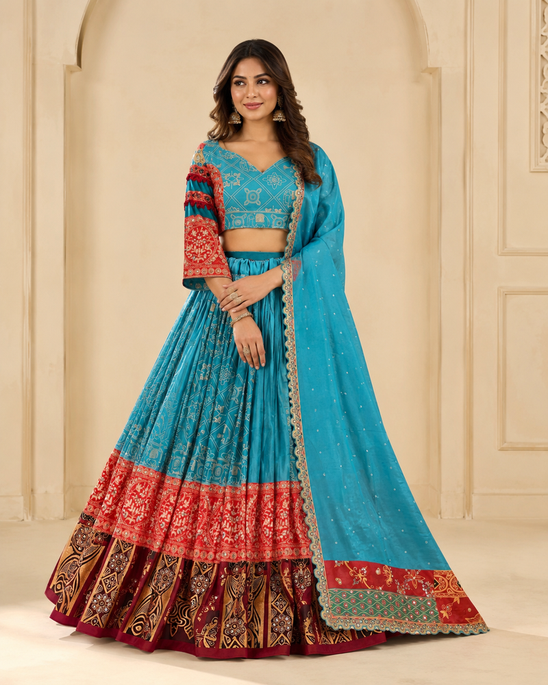 Blue Muslin Cotton Navratri Chaniya Choli with Real Mirror Work & Printed Dupatta