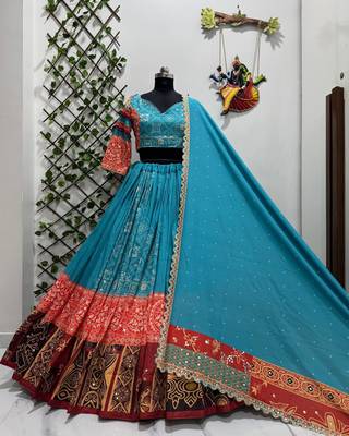 Blue Muslin Cotton Navratri Chaniya Choli with Real Mirror Work & Printed Dupatta 2