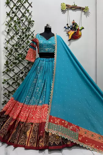Blue Muslin Cotton Navratri Chaniya Choli with Real Mirror Work & Printed Dupatta