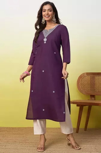 Floral embroidered silk blend v neck kurti for women