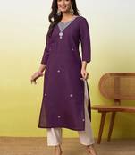 Floral embroidered silk blend v neck kurti for women