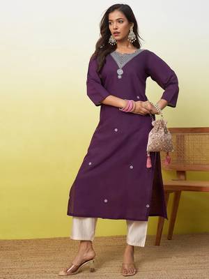 Floral embroidered silk blend v neck kurti for women 2