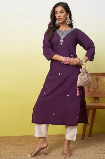 Floral embroidered silk blend v neck kurti for women