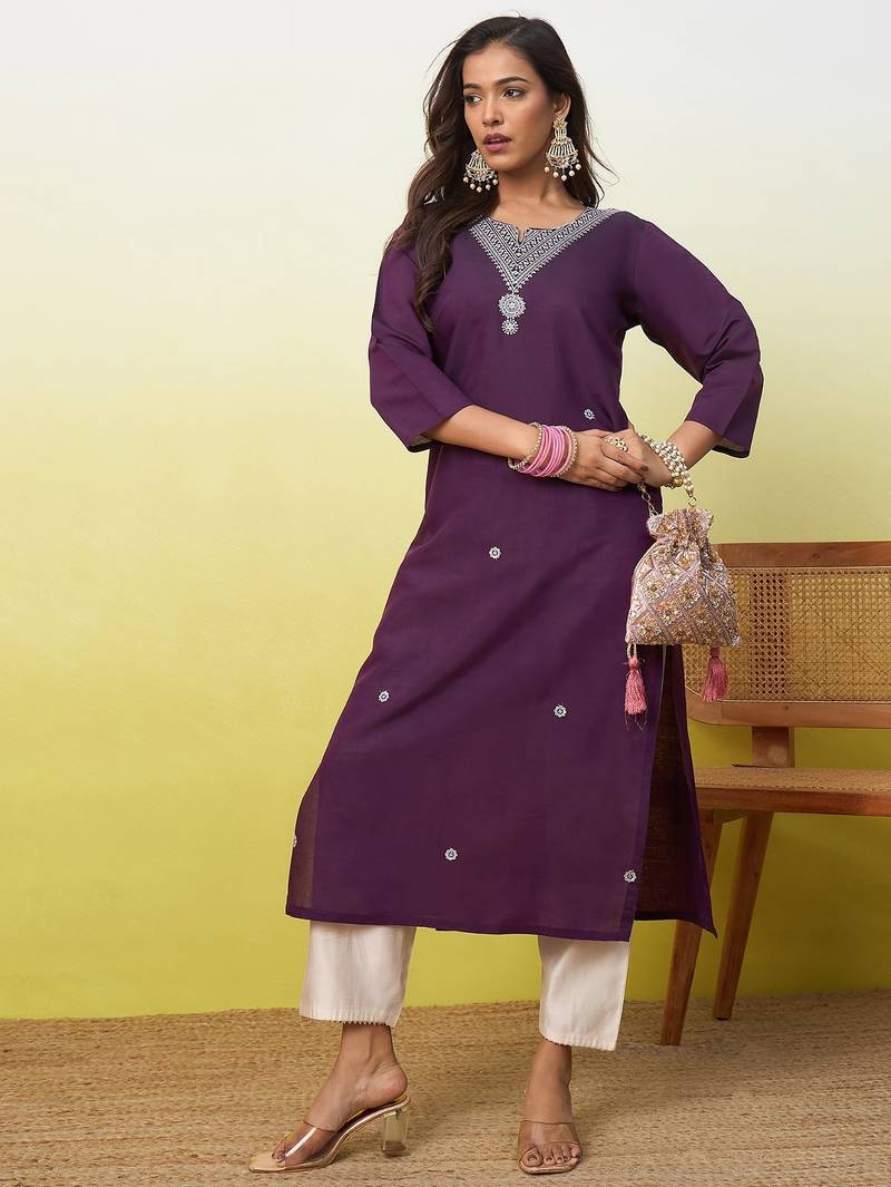 Floral embroidered silk blend v neck kurti for women
