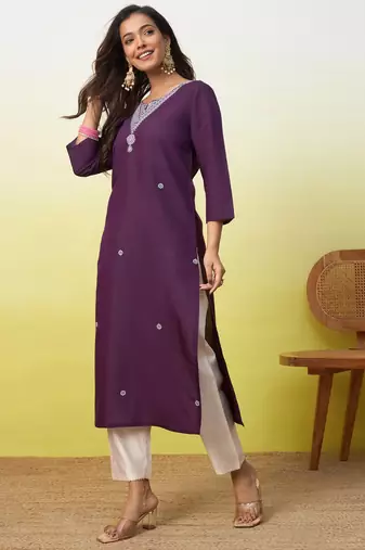 Floral embroidered silk blend v neck kurti for women