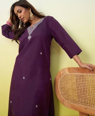 Floral embroidered silk blend v neck kurti for women 4