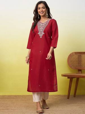 Floral embroidered silk blend v neck kurti for women 1