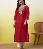 Floral embroidered silk blend v neck kurti for women