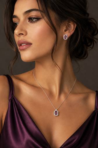 Elegant emerald purple crystal pendant necklace & stud earrings set |  american diamond jewelry set