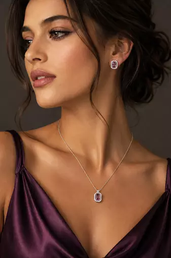Elegant emerald purple crystal pendant necklace & stud earrings set |  american diamond jewelry set