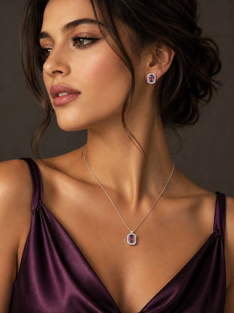Elegant emerald purple crystal pendant necklace & stud earrings set |  american diamond jewelry set