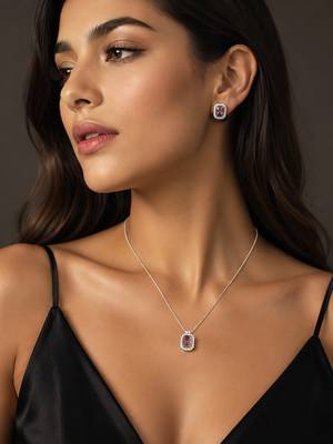 Elegant emerald purple crystal pendant necklace & stud earrings set |  american diamond jewelry set 2