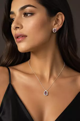 Elegant emerald purple crystal pendant necklace & stud earrings set |  american diamond jewelry set