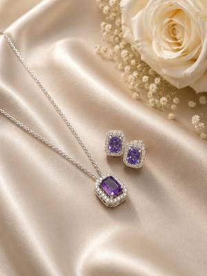 Elegant emerald purple crystal pendant necklace & stud earrings set |  american diamond jewelry set 3