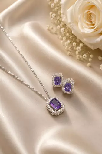 Elegant emerald purple crystal pendant necklace & stud earrings set |  american diamond jewelry set