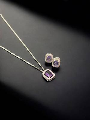 Elegant emerald purple crystal pendant necklace & stud earrings set |  american diamond jewelry set 4