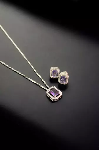Elegant emerald purple crystal pendant necklace & stud earrings set |  american diamond jewelry set