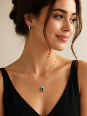 Elegant emerald green crystal pendant necklace & stud earrings set |  american diamond jewelry set 1
