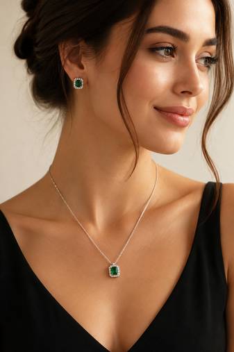 Elegant emerald green crystal pendant necklace & stud earrings set |  american diamond jewelry set