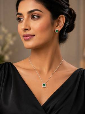 Elegant emerald green crystal pendant necklace & stud earrings set |  american diamond jewelry set 2