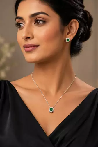 Elegant emerald green crystal pendant necklace & stud earrings set |  american diamond jewelry set