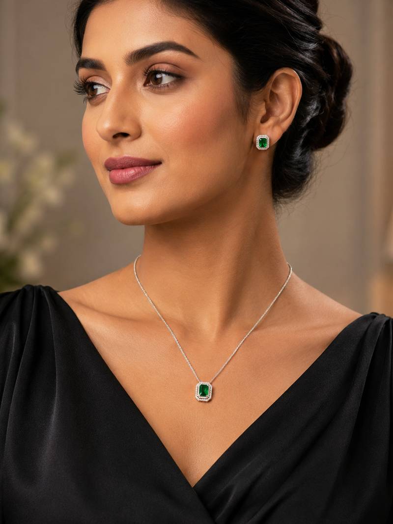 Elegant emerald green crystal pendant necklace & stud earrings set |  american diamond jewelry set