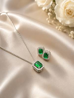 Elegant emerald green crystal pendant necklace & stud earrings set |  american diamond jewelry set 3