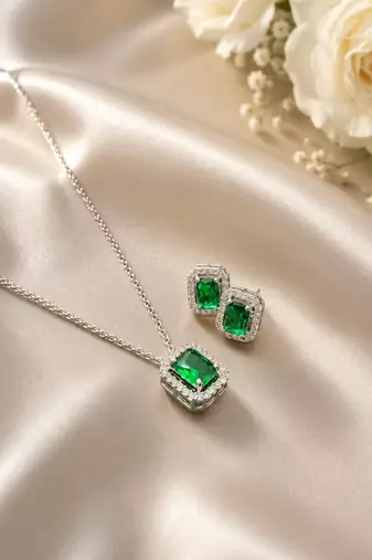 Elegant emerald green crystal pendant necklace & stud earrings set |  american diamond jewelry set