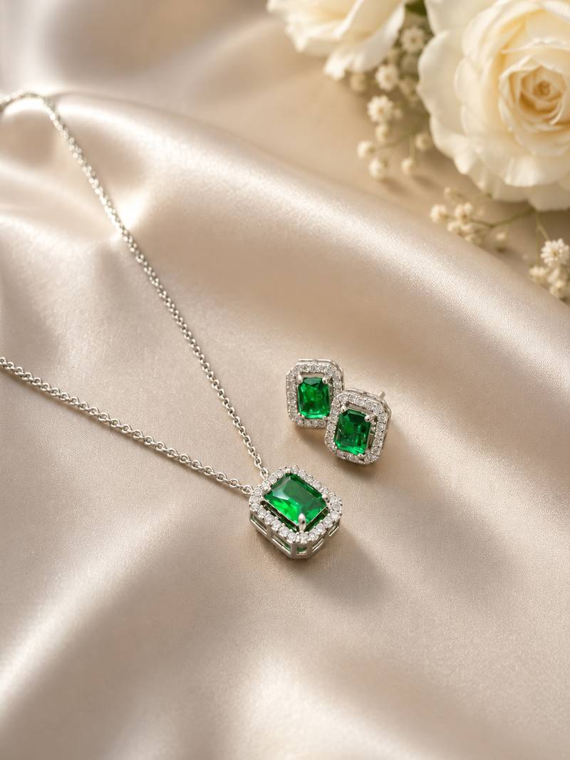 Elegant emerald green crystal pendant necklace & stud earrings set |  american diamond jewelry set