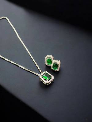 Elegant emerald green crystal pendant necklace & stud earrings set |  american diamond jewelry set 4