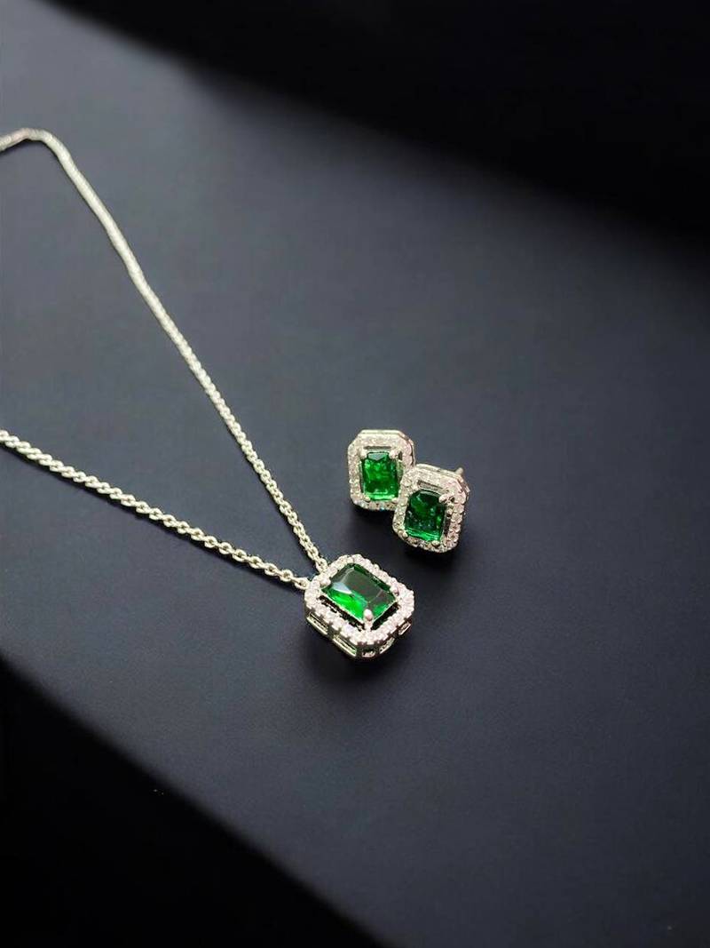 Elegant emerald green crystal pendant necklace & stud earrings set |  american diamond jewelry set