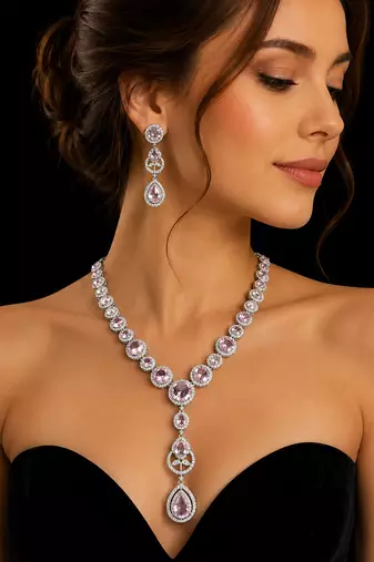 Luxury pink crystal & american diamond necklace set with matching drop earrings bridal jewellery set