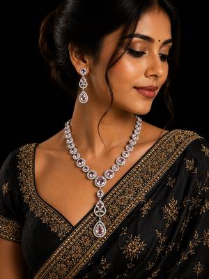 Luxury pink crystal & american diamond necklace set with matching drop earrings bridal jewellery set 2