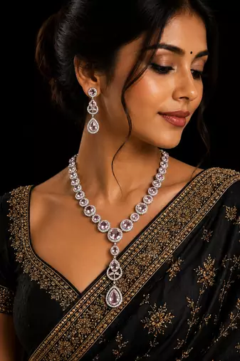 Luxury pink crystal & american diamond necklace set with matching drop earrings bridal jewellery set