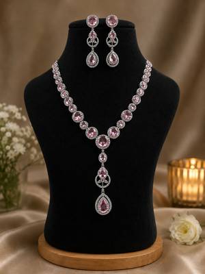 Luxury pink crystal & american diamond necklace set with matching drop earrings bridal jewellery set 3