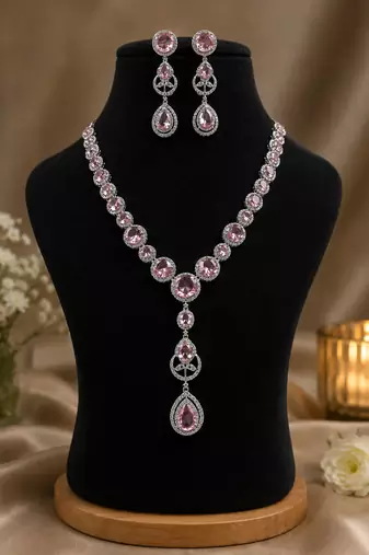 Luxury pink crystal & american diamond necklace set with matching drop earrings bridal jewellery set