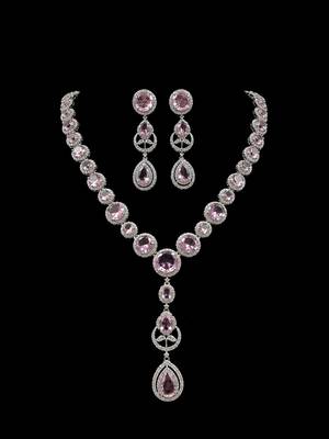 Luxury pink crystal & american diamond necklace set with matching drop earrings bridal jewellery set 4
