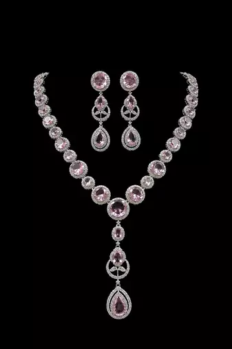 Luxury pink crystal & american diamond necklace set with matching drop earrings bridal jewellery set