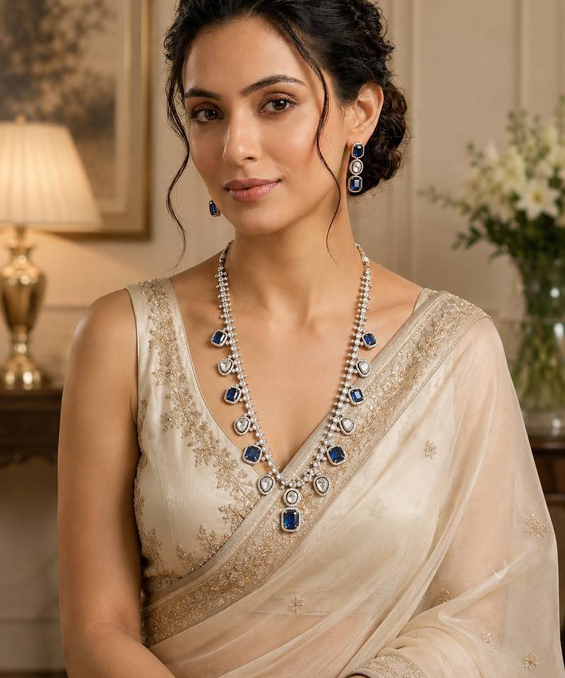 Luxury blue sapphire & kundan statement necklace set with matching earrings jewellery set