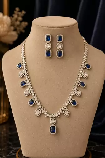 Luxury blue sapphire & kundan statement necklace set with matching earrings jewellery set