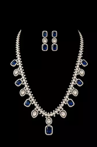 Luxury blue sapphire & kundan statement necklace set with matching earrings jewellery set