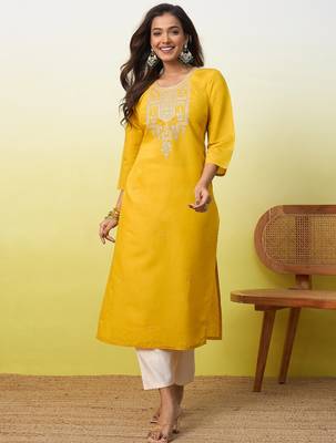 Floral embroidered silk blend v neck kurti for women 1