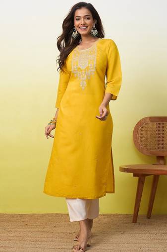 Floral embroidered silk blend v neck kurti for women