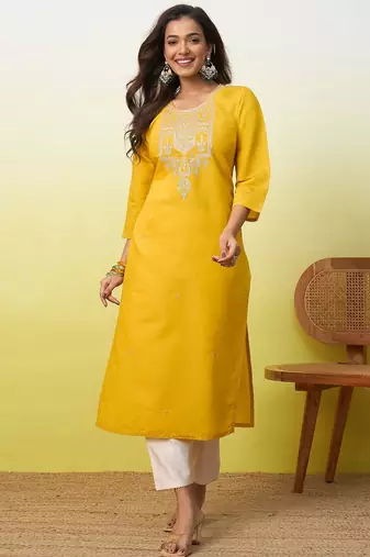 Floral embroidered silk blend v neck kurti for women