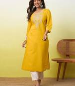 Floral embroidered silk blend v neck kurti for women