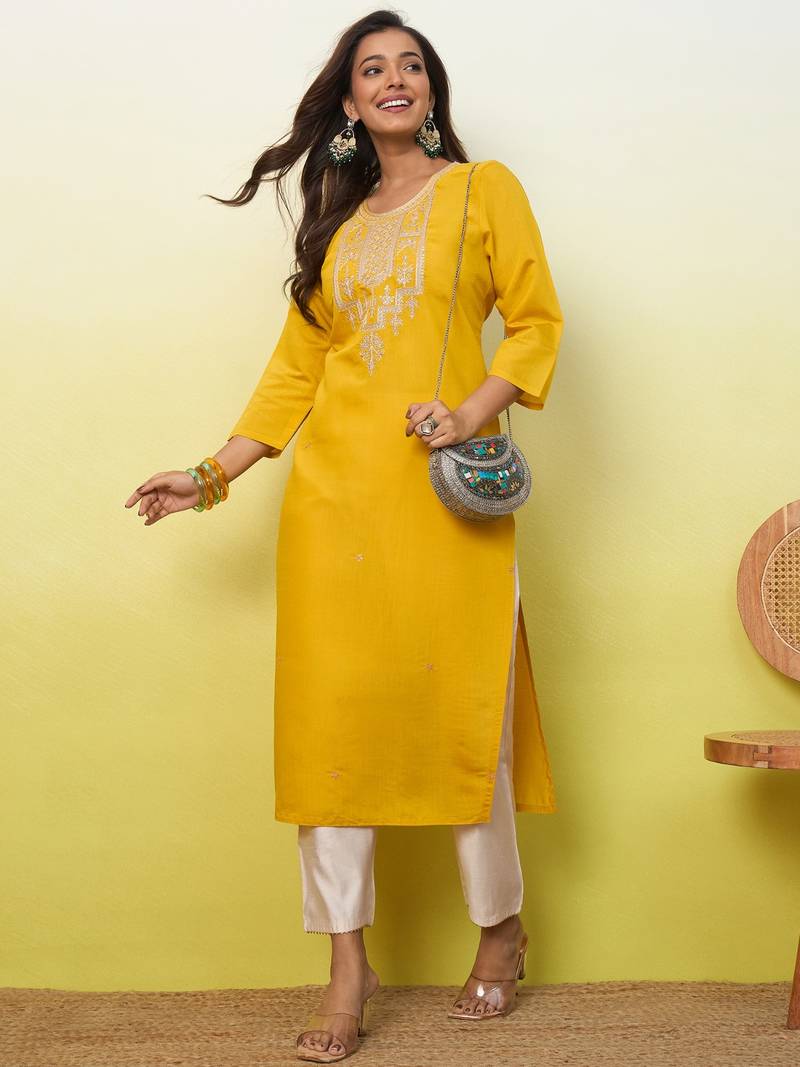 Floral embroidered silk blend v neck kurti for women