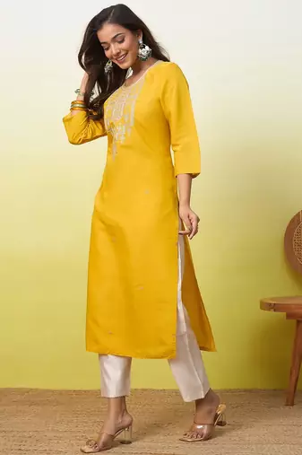 Floral embroidered silk blend v neck kurti for women
