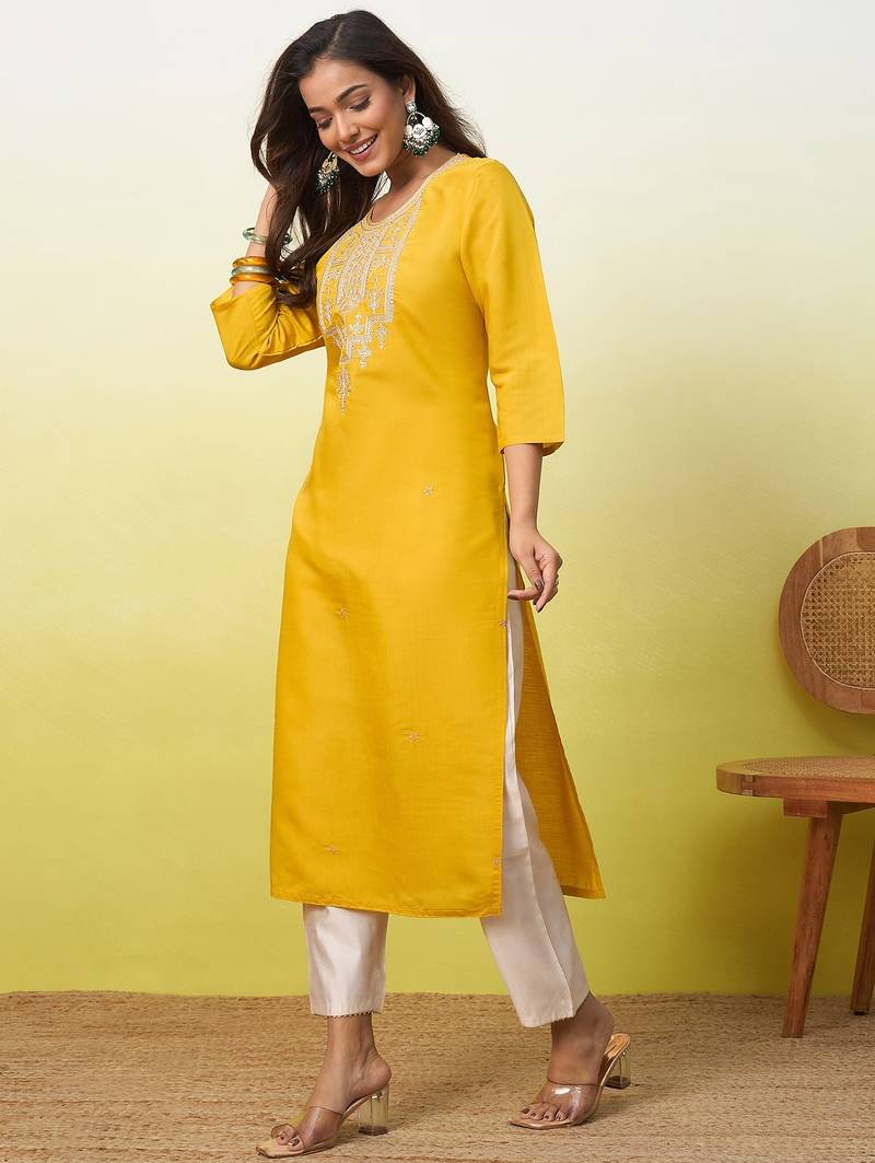 Floral embroidered silk blend v neck kurti for women