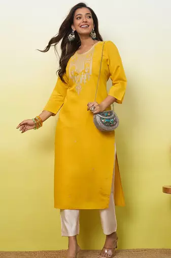 Floral embroidered silk blend v neck kurti for women